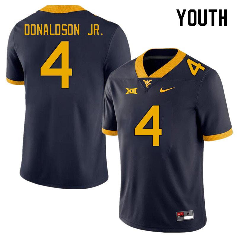 Youth #4 CJ Donaldson Jr. West Virginia Mountaineers College Football Jerseys Stitched Sale-Navy - Click Image to Close